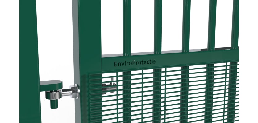 A close up showing the top hinge on the 2.4m High x 1.2m Wide EnviroProtect Anti-Climb SR1 (A1) LPS 1175 Security Railing Gate 