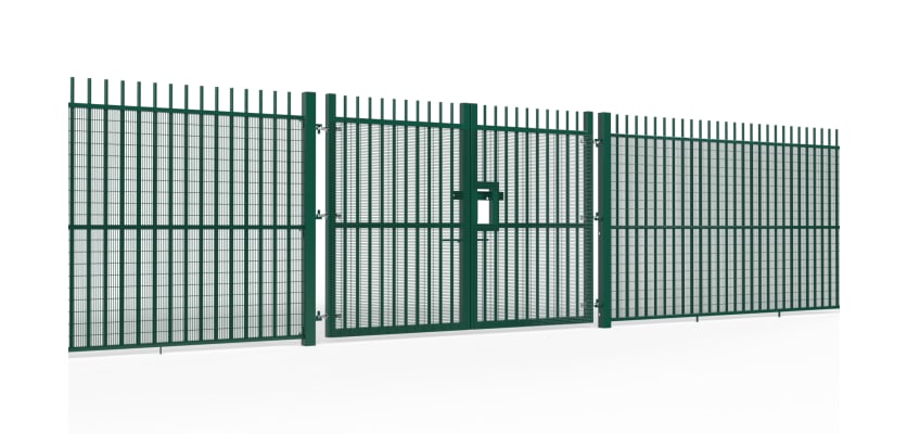 A Green 1.8m High x 5.0m Wide Double Leaf EnviroProtect Anti-Climb SR1 (A1) LPS 1175 Security Gate in a line of railings