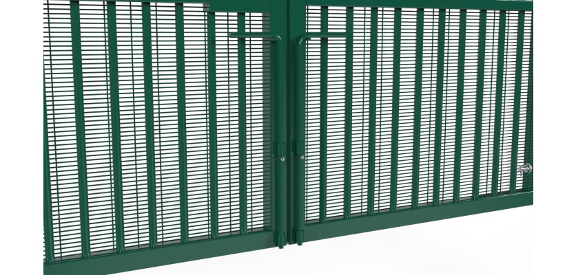 A close up showing the drop bolts on the 2.0m High x 2.0m Wide Double Leaf EnviroProtect Anti-Climb SR1 (A1) LPS 1175 Security Railing Gate 