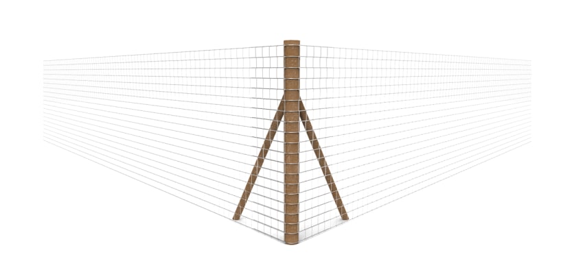 Creosoted corner timber post with wire fence netting