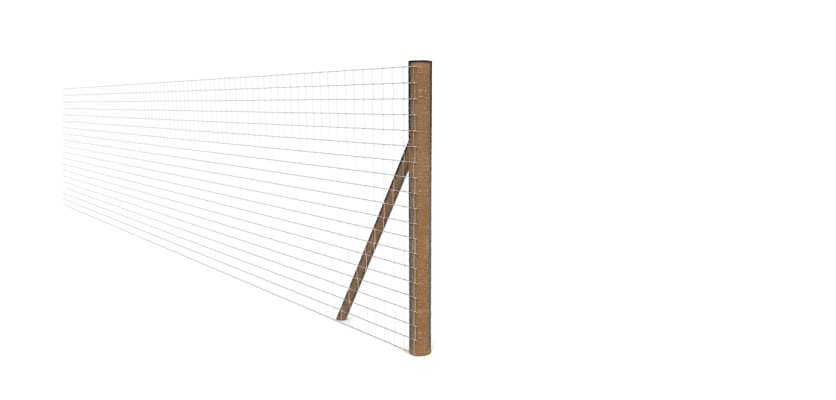 Creosoted timber end post with wire net fencing