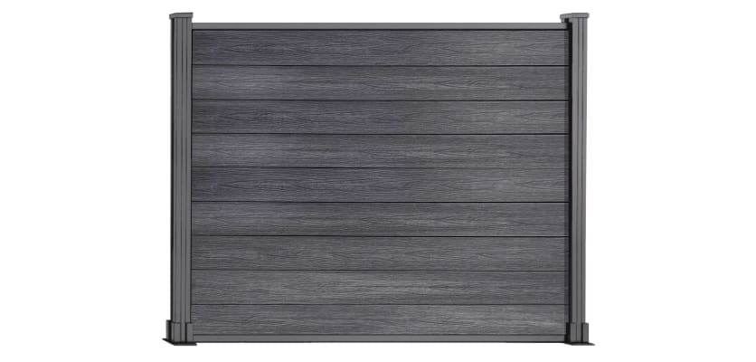 A 1.5m High Bambura Composite Fencing System in Black with Silver Posts