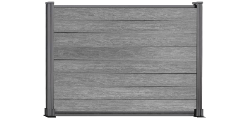 A 1.2m High Bambura Composite Fencing System in Light Grey with Silver Posts