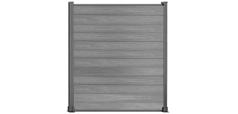 A 1.8m High Bambura Composite Fencing System in Light Grey with Silver Posts
