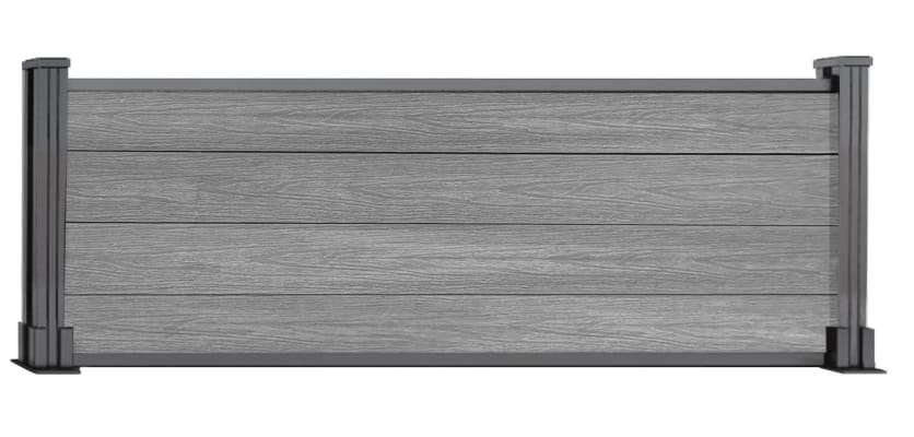 A 0.6m High Bambura Composite Fencing System in Light Grey with Silver Posts