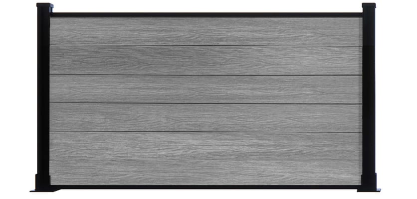 A 0.9m High Bambura Composite Fencing System in Light Grey with Black Posts