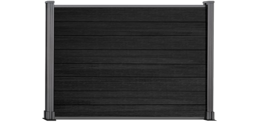 A 1.2m High Bambura Composite Fencing System in Wood Grain Ebony Black with Silver Posts