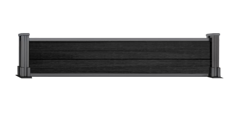 A 0.3m High Bambura Composite Fencing System in Wood Grain Ebony Black with Silver Posts