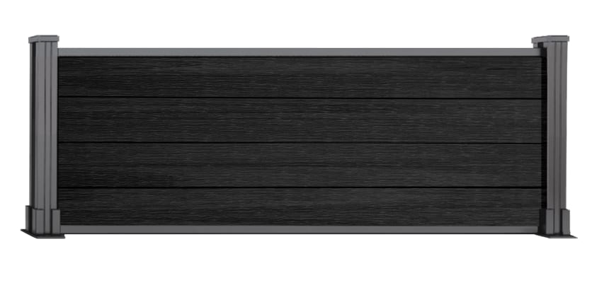 A 0.6m High Bambura Composite Fencing System in Wood Grain Ebony Black with Silver Posts