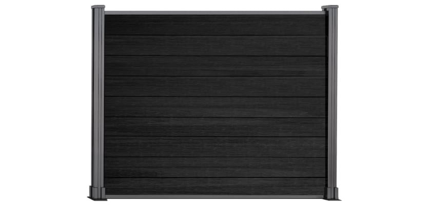A 1.5m High Bambura Composite Fencing System in Wood Grain Ebony Black with Silver Posts