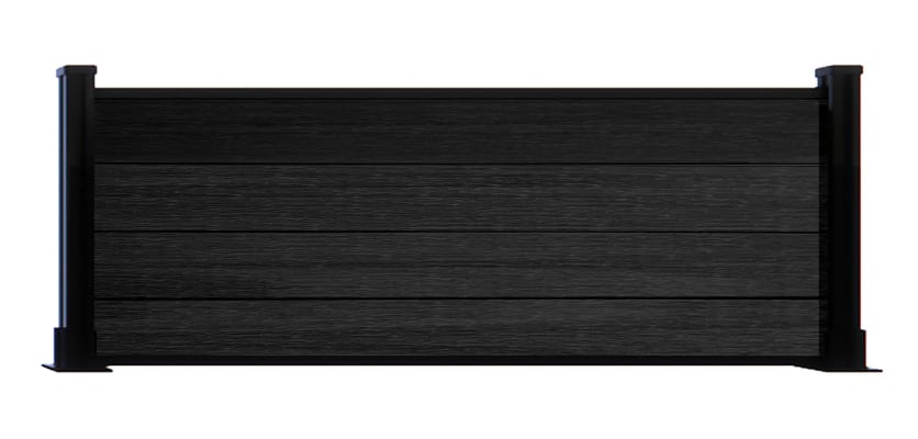 A 0.6m High Bambura Composite Fencing System in Wood Grain Ebony Black with Black Posts