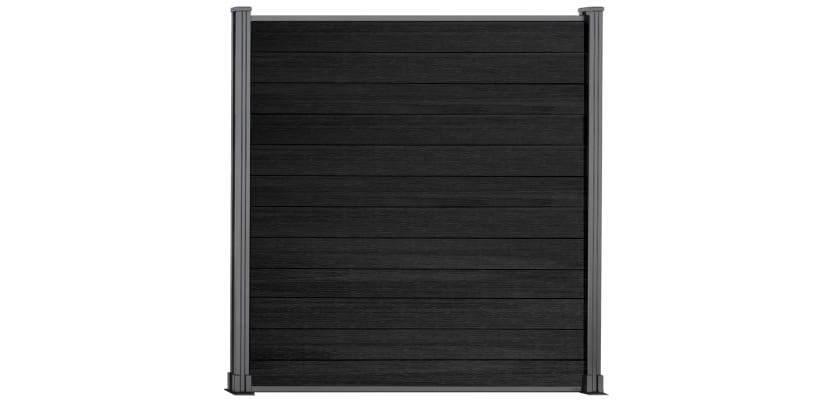 A 1.8m High Bambura Composite Fencing System in Wood Grain Ebony Black with Silver Posts