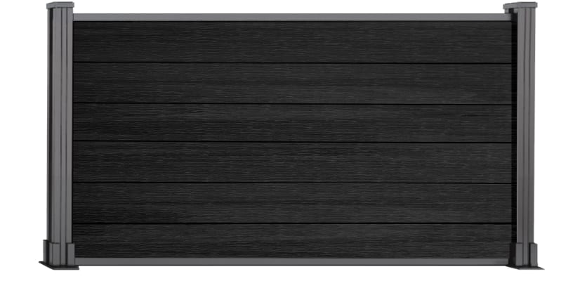 A 0.9m High Bambura Composite Fencing System in Wood Grain Ebony Black with Silver Posts