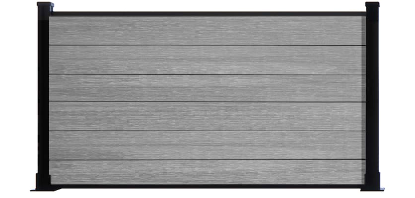 A 0.9m High Bambura Composite Fencing System in Wood Grain Light Grey with Black Posts