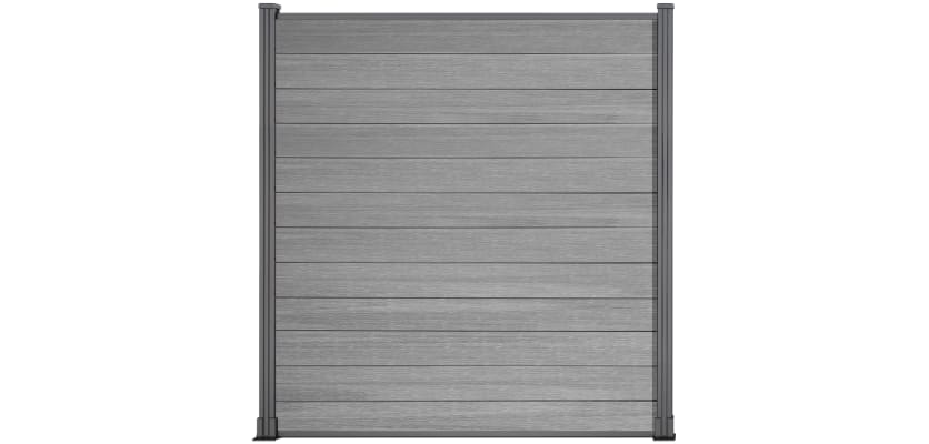 A 1.8m High Bambura Composite Fencing System in Wood Grain Light Grey with Silver Posts