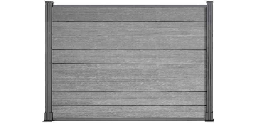 A 1.2m High Bambura Composite Fencing System in Wood Grain Light Grey with Silver Posts