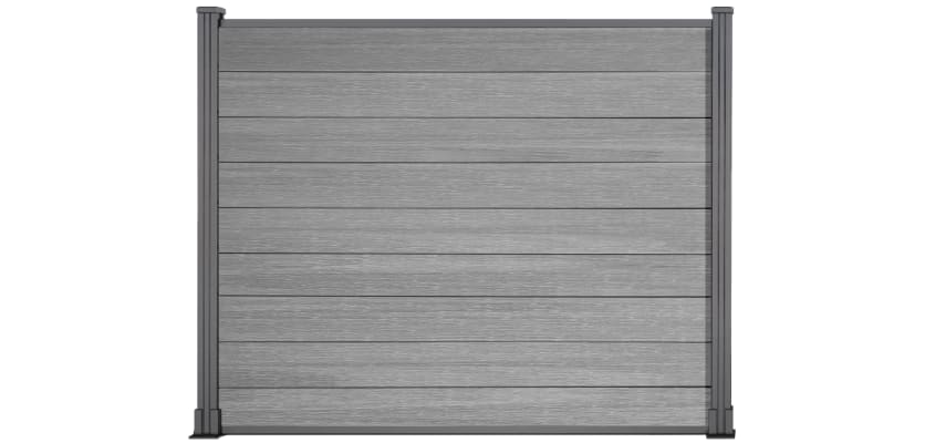 A 1.5m High Bambura Composite Fencing System in Wood Grain Light Grey with Silver Posts