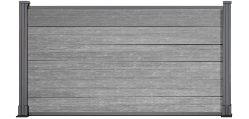 A 0.9m High Bambura Composite Fencing System in Wood Grain Light Grey with Silver Posts
