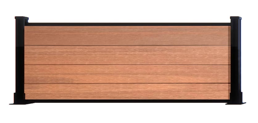 A 0.6m High Bambura Composite Fencing System in Wood Grain Teak with Black Posts