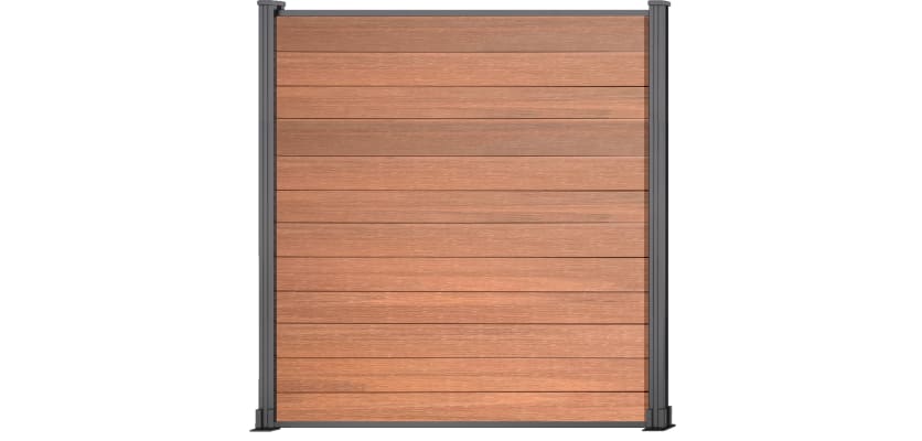 A 1.8m High Bambura Composite Fencing System in Wood Grain Teak with Silver Posts