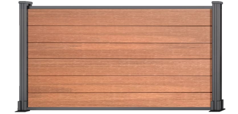 A 0.9m High Bambura Composite Fencing System in Wood Grain Teak with Silver Posts