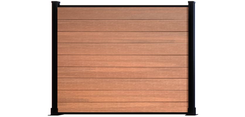 A 1.5m High Bambura Composite Fencing System in Wood Grain Teak with Black Posts