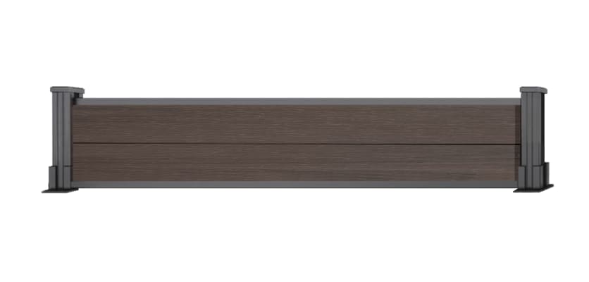 A 0.3m High Bambura Composite Fencing System in Wood Grain Walnut with Silver Posts