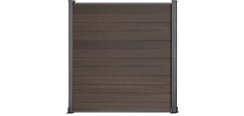 A 1.8m High Bambura Composite Fencing System in Wood Grain Walnut with Silver Posts
