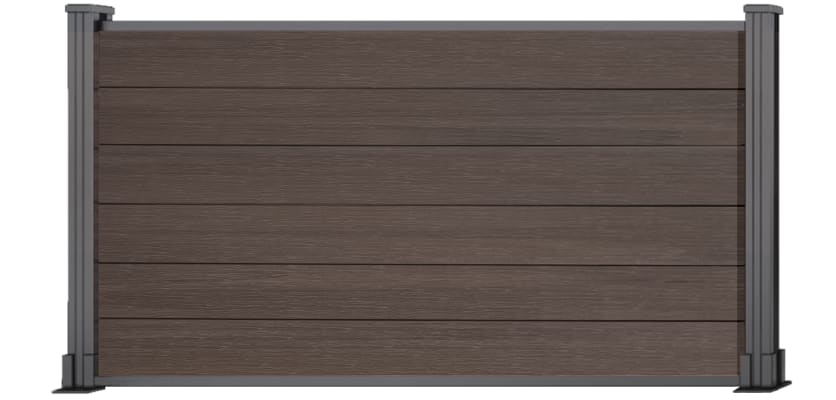 A 0.9m High Bambura Composite Fencing System in Wood Grain Walnut with Silver Posts