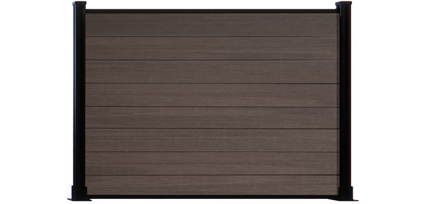 A 1.2m High Bambura Composite Fencing System in Wood Grain Walnut with Black Posts