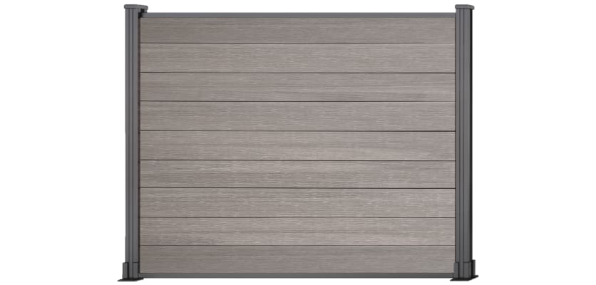 A 1.5m High Bambura Composite Fencing System in Wood Grain Antique Finish with Silver Posts