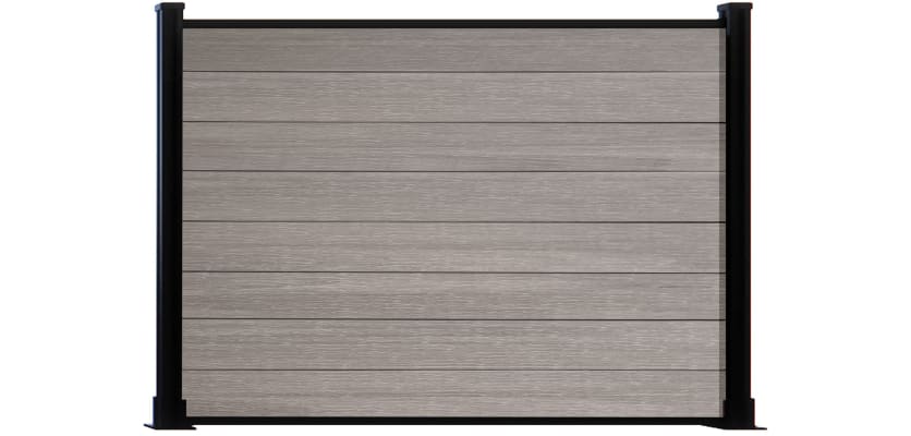 A 1.2m High Bambura Composite Fencing System in Wood Grain Antique Finish with Black Posts