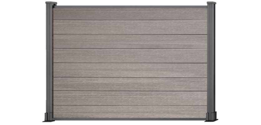 A 1.2m High Bambura Composite Fencing System in Wood Grain Antique Finish with Silver Posts