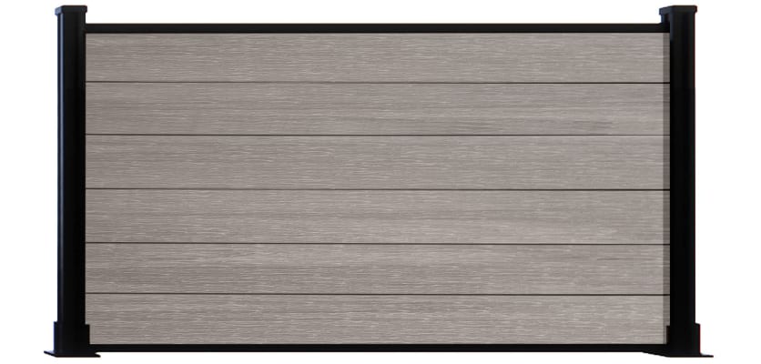 A 0.9m High Bambura Composite Fencing System in Wood Grain Antique Finish with Black Posts