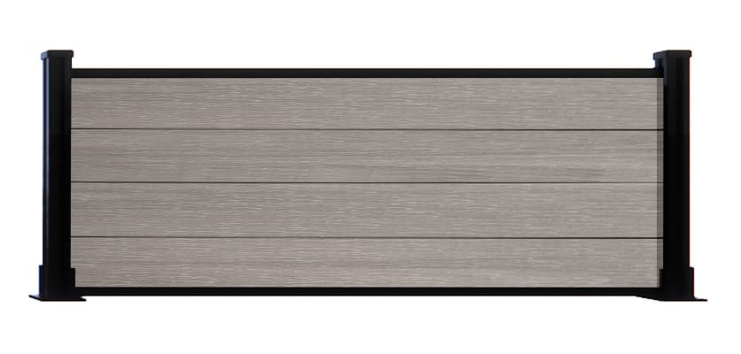 A 0.6m High Bambura Composite Fencing System in Wood Grain Antique Finish with Black Posts