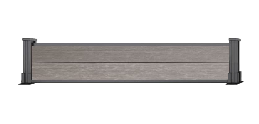 A 0.3m High Bambura Composite Fencing System in Wood Grain Antique Finish with Silver Posts