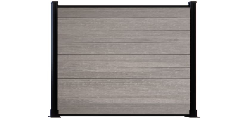 A 1.5m High Bambura Composite Fencing System in Wood Grain Antique Finish with Black Posts