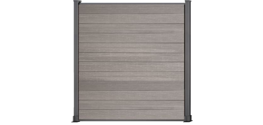 A 1.8m High Bambura Composite Fencing System in Wood Grain Antique Finish with Silver Posts