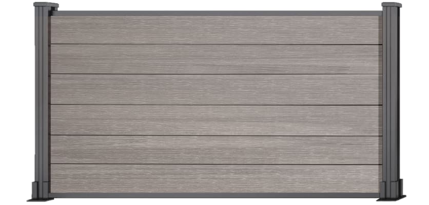A 0.9m High Bambura Composite Fencing System in Wood Grain Antique Finish with Silver Posts