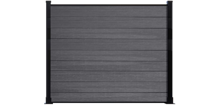 A 1.5m High Bambura Composite Fencing System in Wood Grain Anthracite Grey with Black Posts