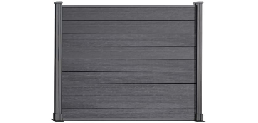 A 1.5m High Bambura Composite Fencing System in Wood Grain Anthracite Grey with Silver Posts