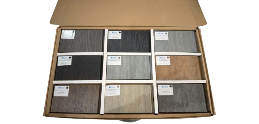The Bambura Wood Composite Fencing Samples Box Showing all of the available samples 