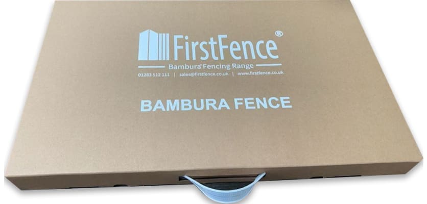 The lid of the Bambura Wood Composite Fencing Samples Box with the First Fence Logo