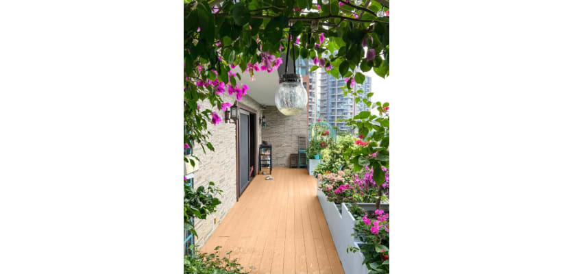 Bambura® Wood Plastic Composite Advanced Deck Trim in a rich teak finish, showcasing its smooth texture and durable design suitable for outdoor spaces.