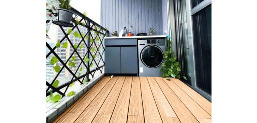 Plastic composite decking installed on house balcony 