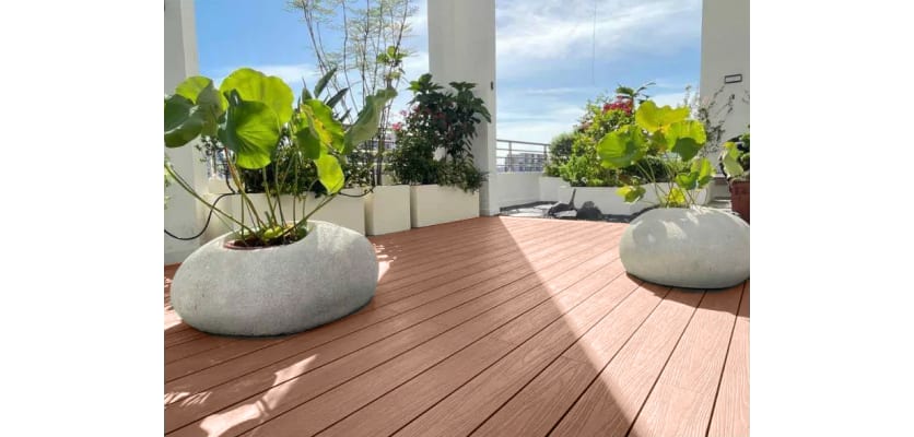 Chocolate Finish Bambura Wood Plastic Composite Decking installed on a Rooftop Garden