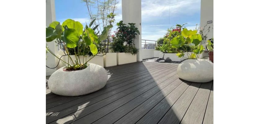 Grey Bambura® Wood Plastic Composite essential deck board showcasing a modern, durable design suitable for outdoor decking projects.