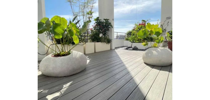 Grey Bambura® Wood Plastic Composite essential deck board showcasing a modern, durable design suitable for outdoor decking projects.