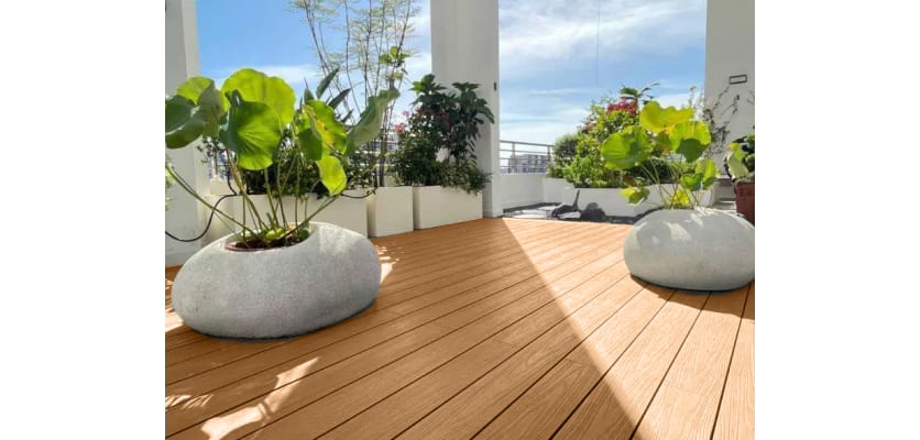Teak plastic composite decking boards installed on balcony 