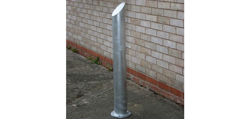 Galvanised mitre top bollard with a sleek silver finish, designed for effective traffic and pedestrian management.
